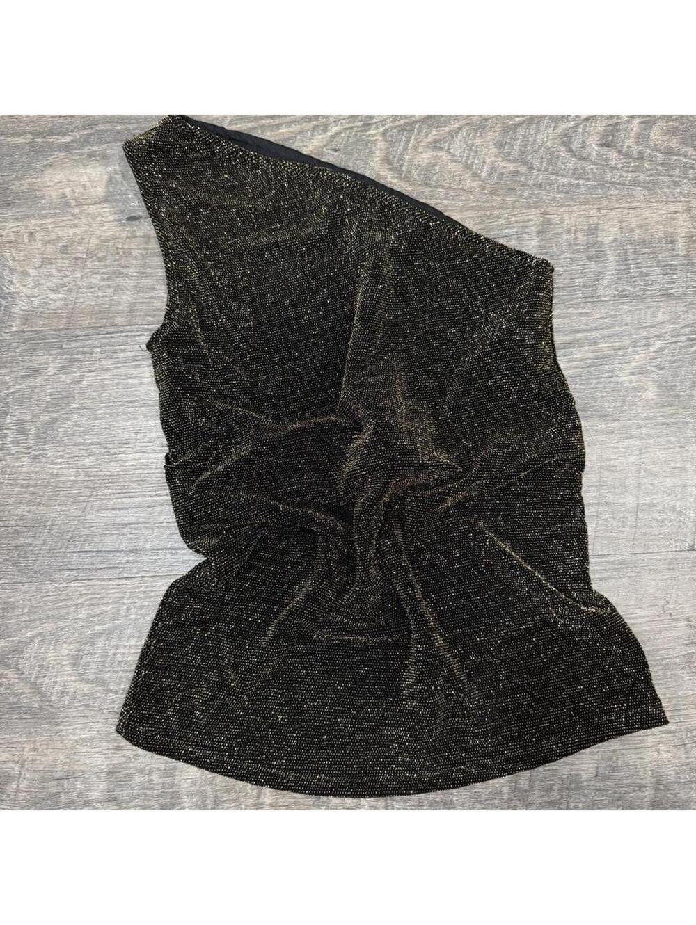 Vintage Susan Lawrence Black & Gold Metallic One-Shoulder Top